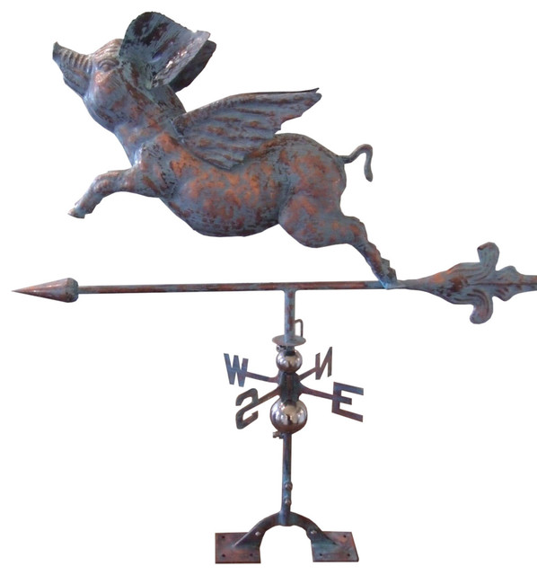 3-Dimensional Flying Pig Weathervane, Patina Copper