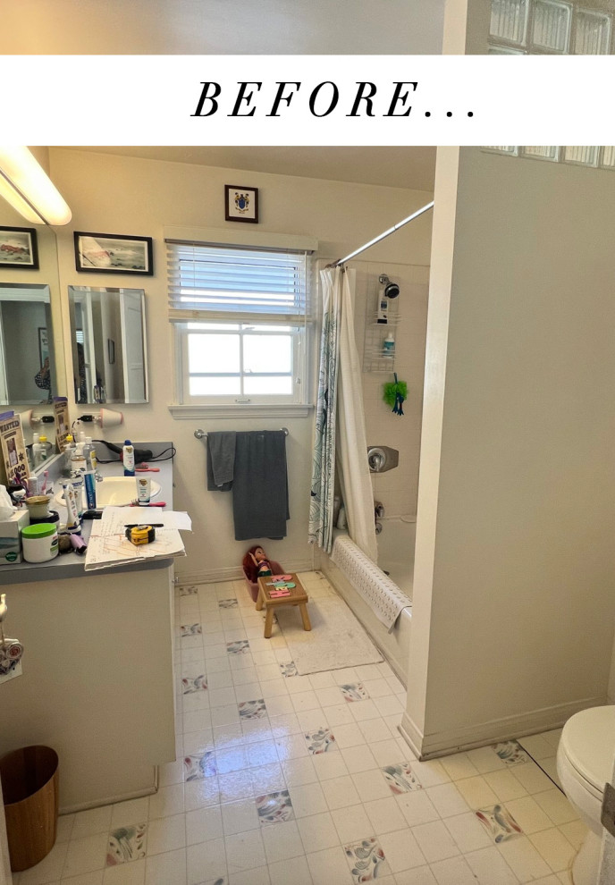 Photo of a small kids bathroom in Los Angeles with brown cabinets, a drop-in tub, blue tile, subway tile, terra-cotta floors, engineered quartz benchtops, orange floor, white benchtops, a double vanity, a freestanding vanity and decorative wall panelling.