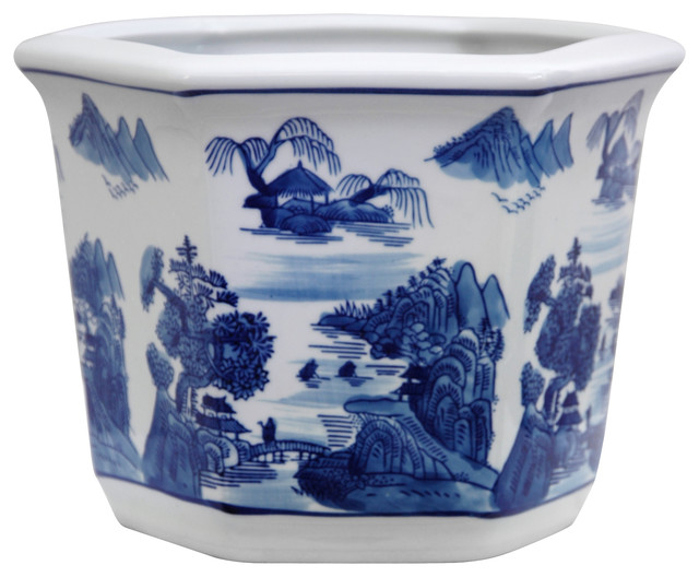 Beautiful Blue and White Floral Porcelain Hexagonal Pot