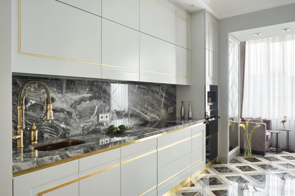 Inspiration for a mid-sized transitional single-wall separate kitchen in Other with a single-bowl sink, recessed-panel cabinets, grey cabinets, marble benchtops, grey splashback, marble splashback, coloured appliances, marble floors, no island, multi-coloured floor and grey benchtop.