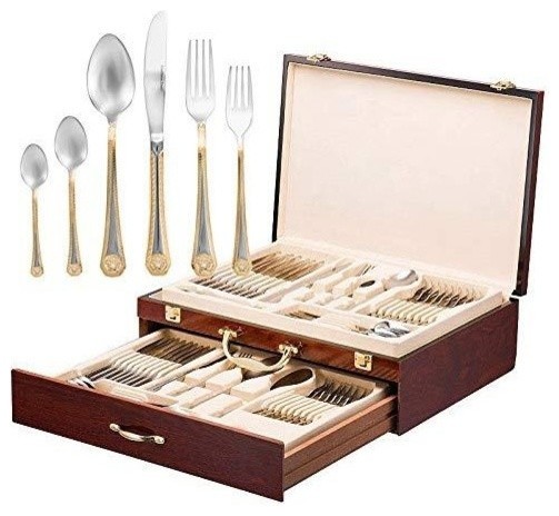 75-Pc Flatware Set 18/10 Stainless Silverware 24K Gold Hostess Service for 12