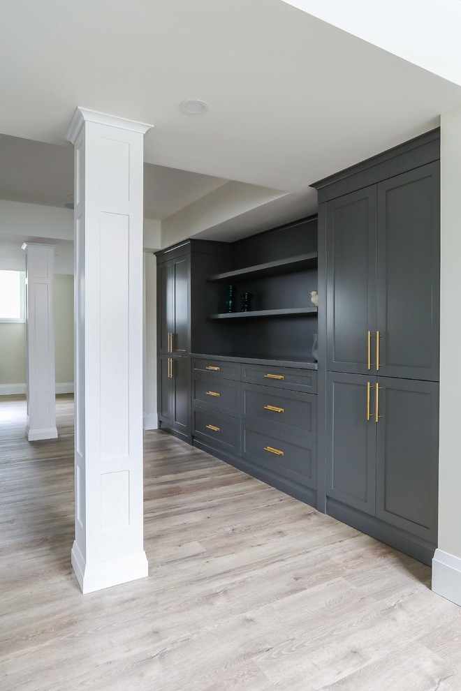 Basement - large transitional look-out vinyl floor and brown floor basement idea with white walls