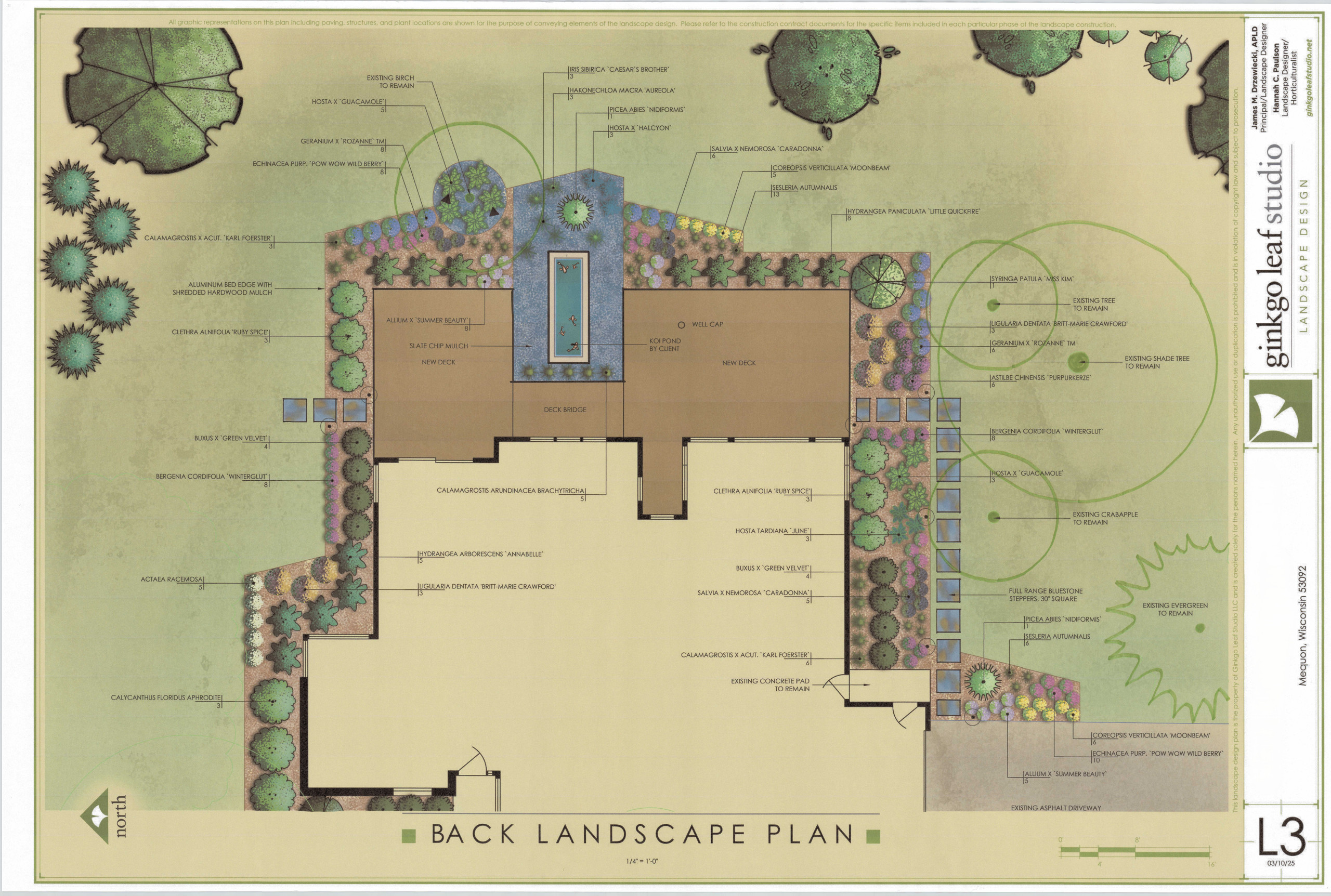Mid-Century Front + Backyard Deck + Koi Pond Landscape - Mequon, WI