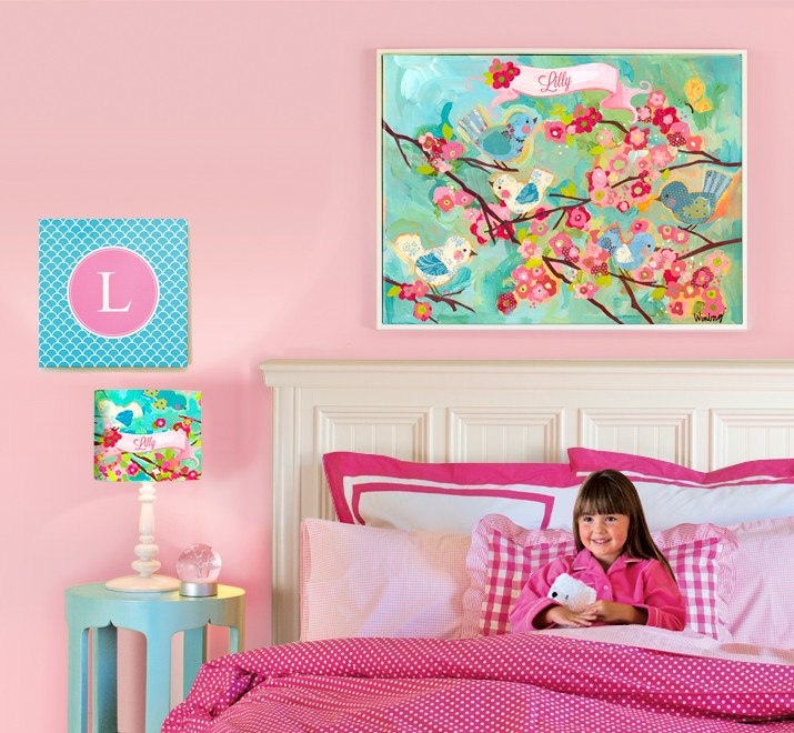 Photo of an eclectic kids' bedroom for kids 4-10 years old and girls in San Diego with pink walls.