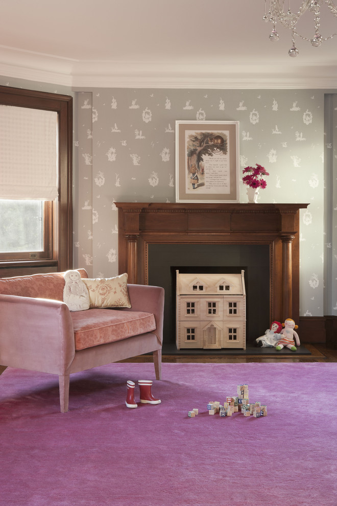 Design ideas for a traditional kids' playroom for girls in New York with grey walls.
