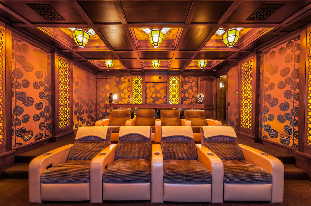 This is an example of a large arts and crafts enclosed home theatre in San Diego with brown walls, carpet and brown floor.