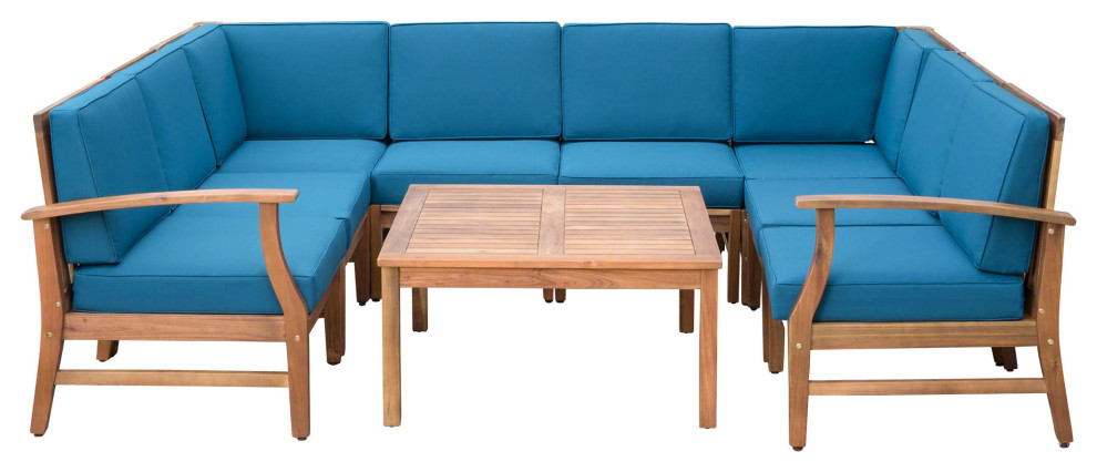 GDF Studio Scarlett Outdoor 8-Seater Acacia Wood Sectional Sofa and Table Set, Blue