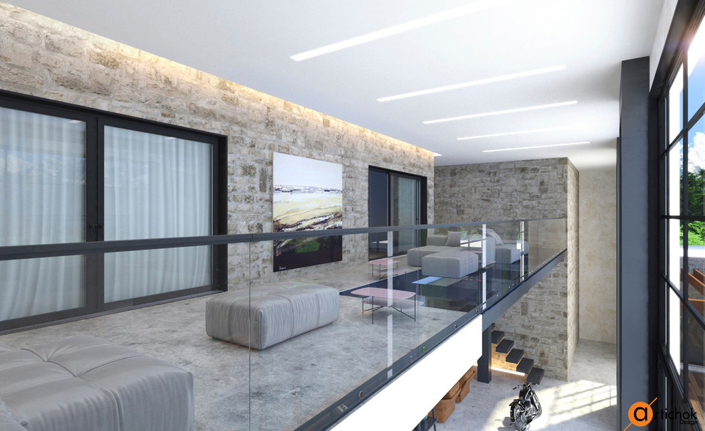 Лофт гостиная на втором этаже загородного дома