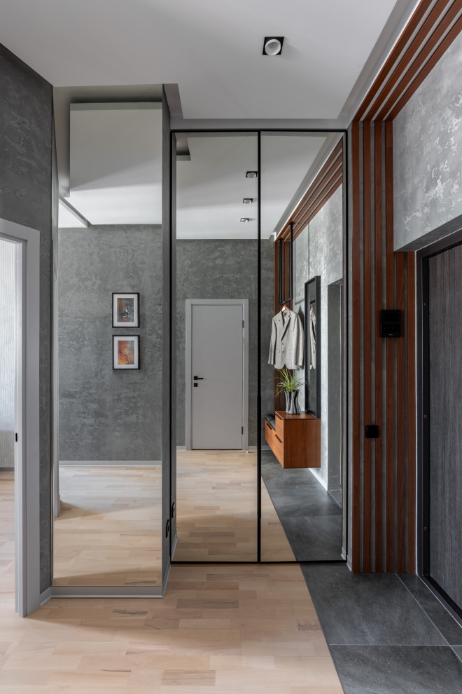 Источник вдохновения для домашнего уюта: узкая прихожая среднего размера в современном стиле с серыми стенами, полом из керамогранита, одностворчатой входной дверью, серой входной дверью и серым полом