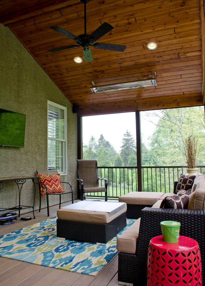 Design ideas for a large country backyard screened-in verandah in Philadelphia with a roof extension.