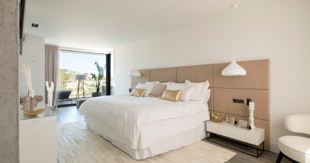 Contemporary bedroom in Other with white walls.