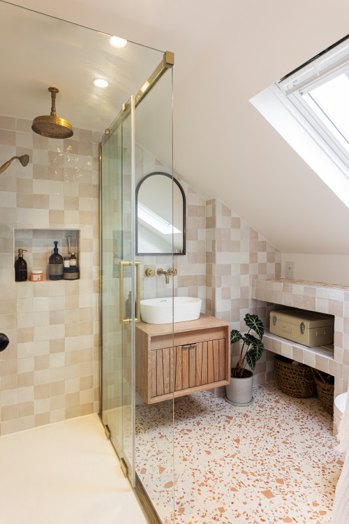 Small Vessel Sink Vanity with Neutral Color Scheme and Terrazzo Floor