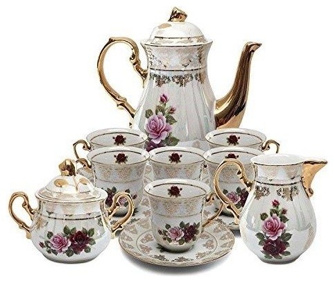 Royalty Porcelain 17pc Floral Tea Set for 6, 24K Gold-Plated Cobalt Tableware
