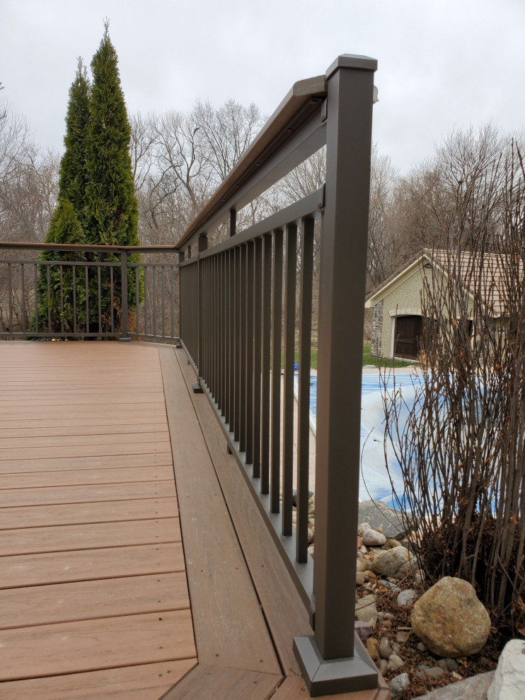 This is an example of a medium sized back ground level metal railing terrace in Other with no cover.