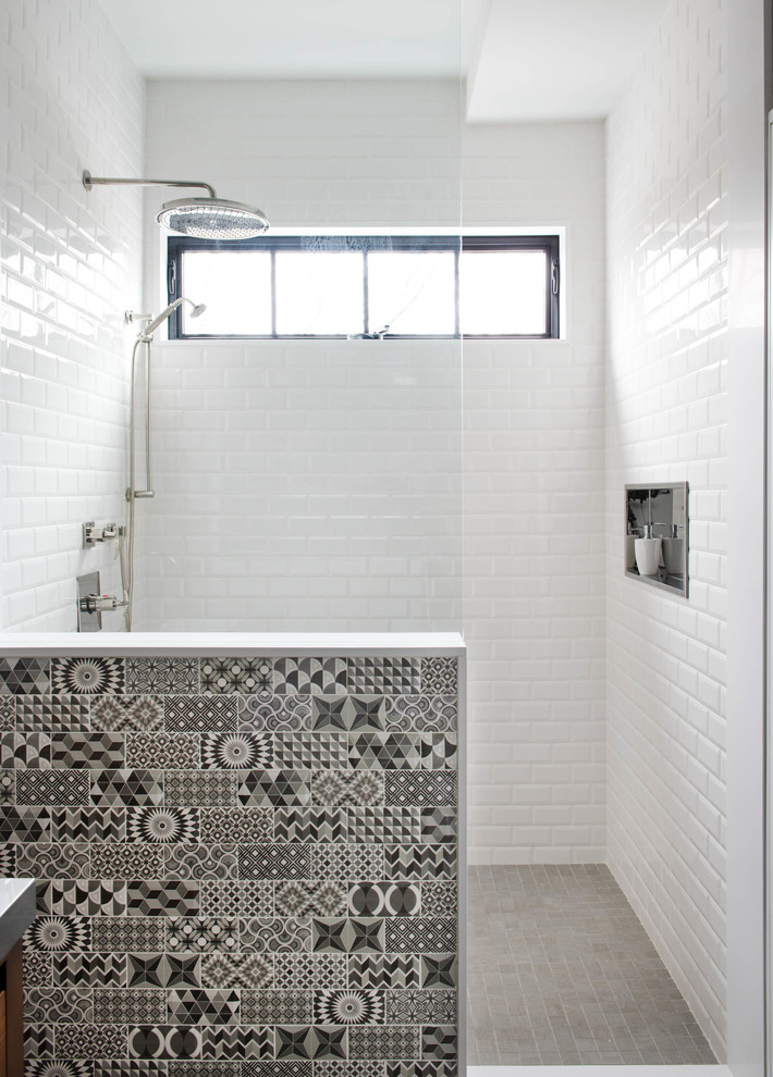 Photo of a contemporary bathroom in Toronto with an alcove shower, black and white tile, white tile, ceramic tile and an open shower.