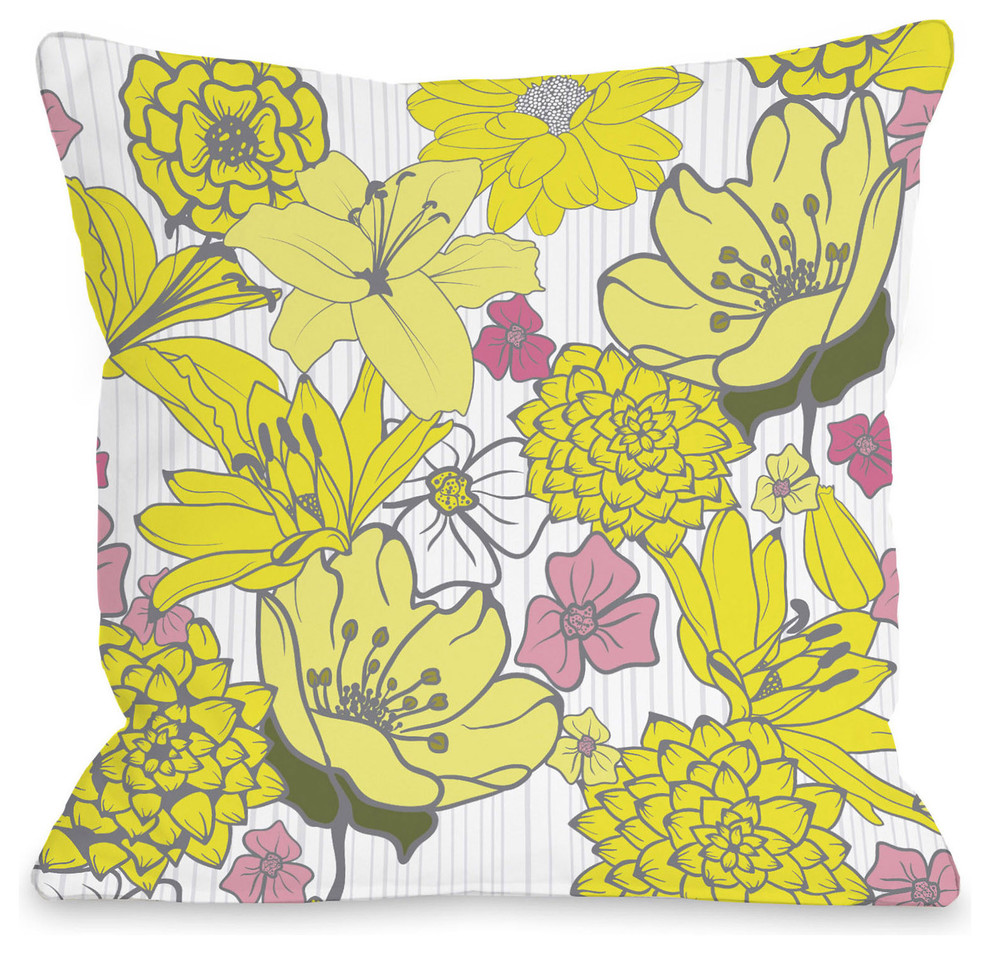"Oriental Flowers" Indoor Throw Pillow by OneBellaCasa, Yellow/Pink, 16"x16"
