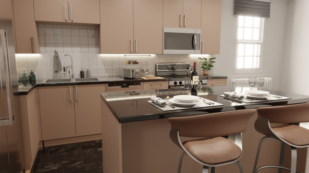 Kitchen - mid-sized transitional l-shaped kitchen idea in DC Metro with flat-panel cabinets, beige cabinets and an island