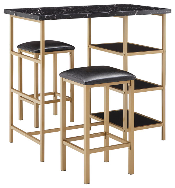 Zelda Counter Height Metal Table Set With Faux Marble Top, Gold