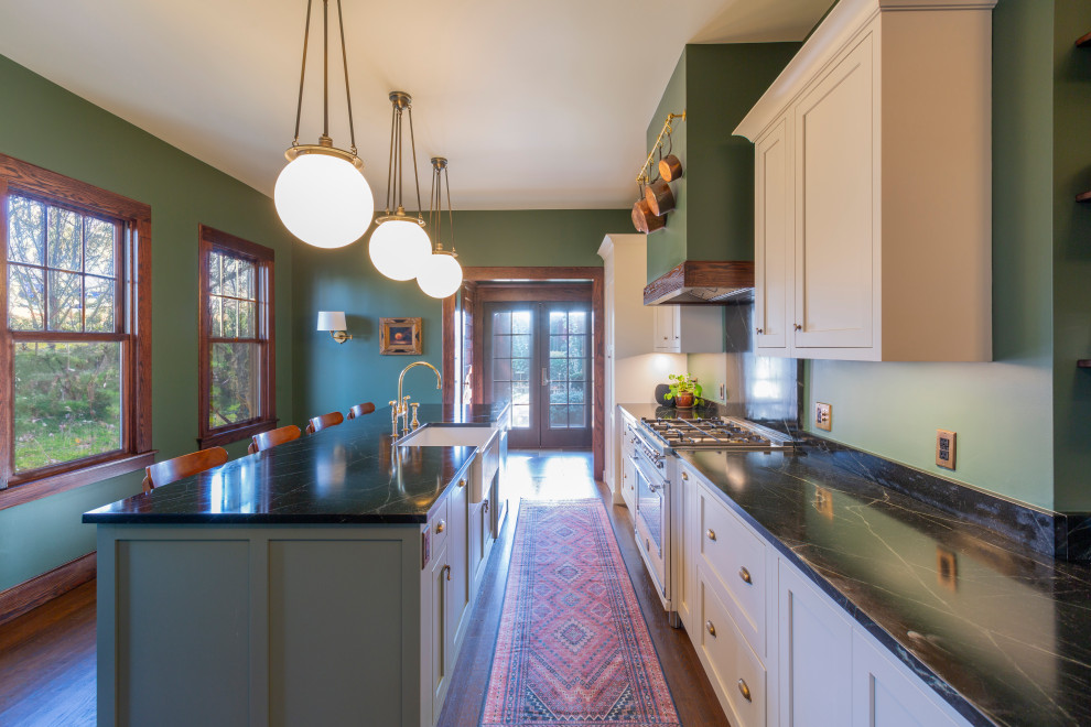 This is an example of a mid-sized kitchen pantry in New York with a farmhouse sink, recessed-panel cabinets, green cabinets, soapstone benchtops, black splashback, stone slab splashback, stainless steel appliances, dark hardwood floors, with island and black benchtop.