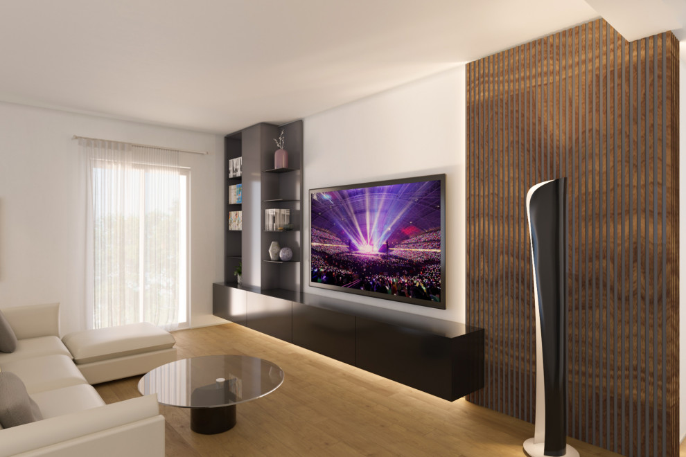 На фото: открытая гостиная комната среднего размера в стиле модернизм с серыми стенами, паркетным полом среднего тона, телевизором на стене, коричневым полом, многоуровневым потолком и деревянными стенами с