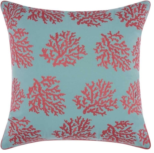18"x18" Mina Victory Embellished Corals Outdoor Throw Pillow, Aqua/Coral