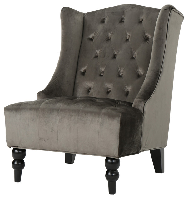 Talisa Winged High Back Tufted New Velvet Club Chair Contemporary Talisa Winged High Back Tufted New Velvet Club Chair Gray