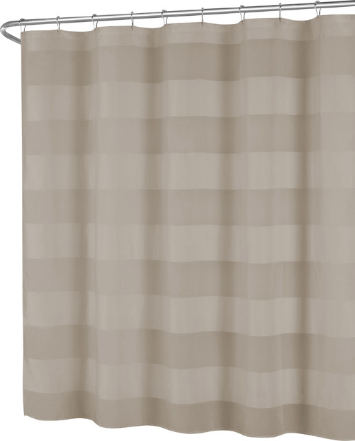 Taupe Fabric Shower Curtain Alternating Sheer And Solid Wide Stripe Design