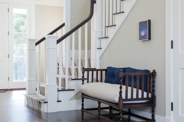 Eclectic Staircase Jackson Jacobean settee; foyer and staircase. eclectic-entry