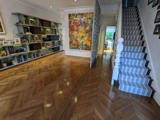 Oak chevron expert restoration and refinish, Fulham Lion House SW6 contemporary-living-room