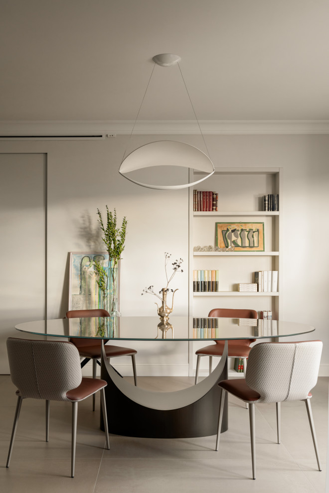 Photo of a large contemporary dining room in Naples with beige walls, porcelain floors and beige floor.