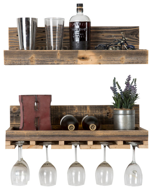 Reclaimed Wood Floating Wine Racks, Set of 2, 6"x24"x10"