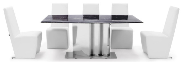 Tulare Modern Black Marble Dining Table Set with 6 Boston White Dining Chairs