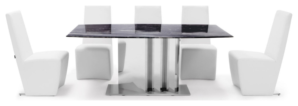 Tulare Modern Black Marble Dining Table Set with 6 Boston White Dining Chairs