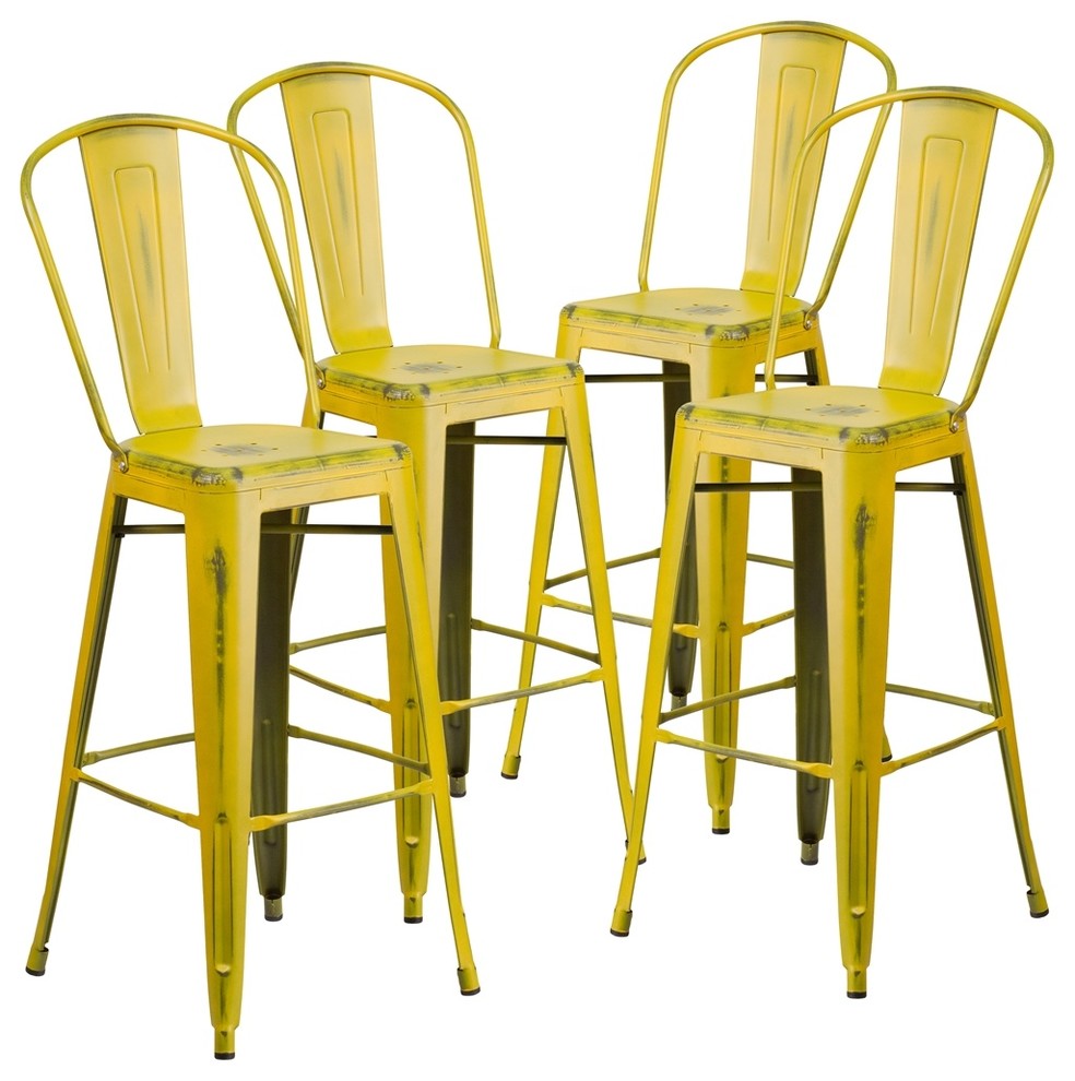 30" High Distressed Yellow Metal Indoor Barstools With Back, Set of 4