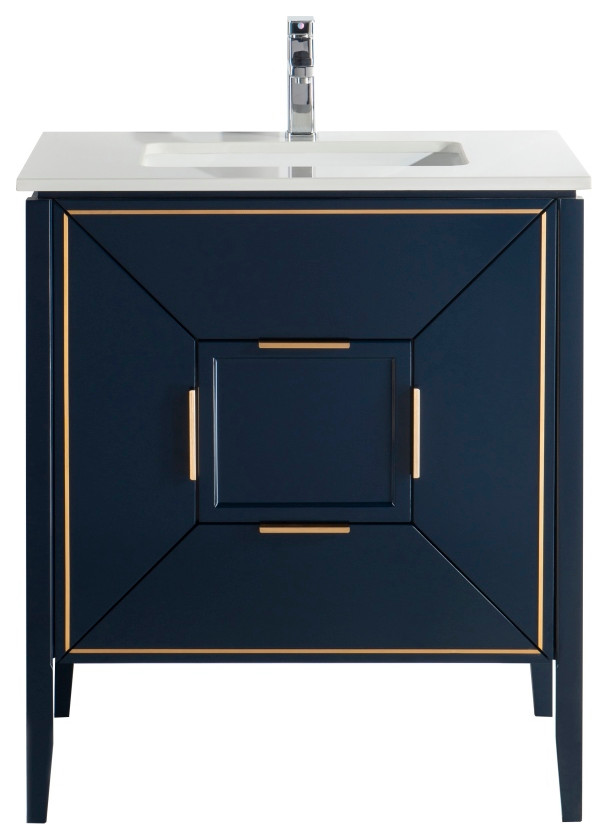 Vetro 30" Vanity With Quartz Counter Top, Gloss White, Navy Blue