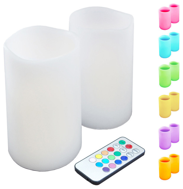 Wax Flickering LED Candles, Remote Control Multi Color, Set of 2 Traditional Candles by JH