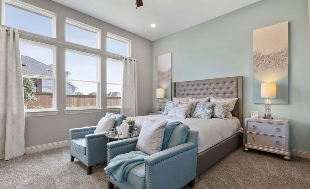 Inspiration for a contemporary master bedroom in Dallas with grey walls, carpet and grey floor.