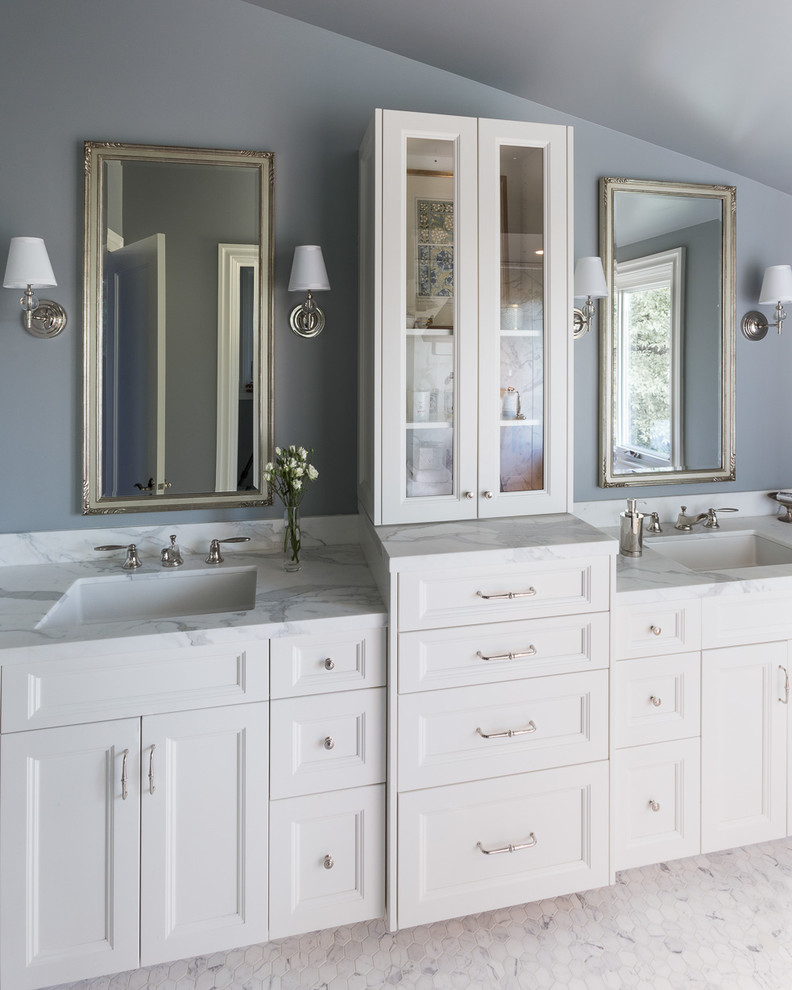 This is an example of a traditional bathroom in San Francisco with blue walls.