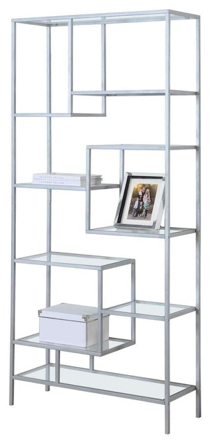 Bookcase - 72"H Silver Metal With Tempered Glass
