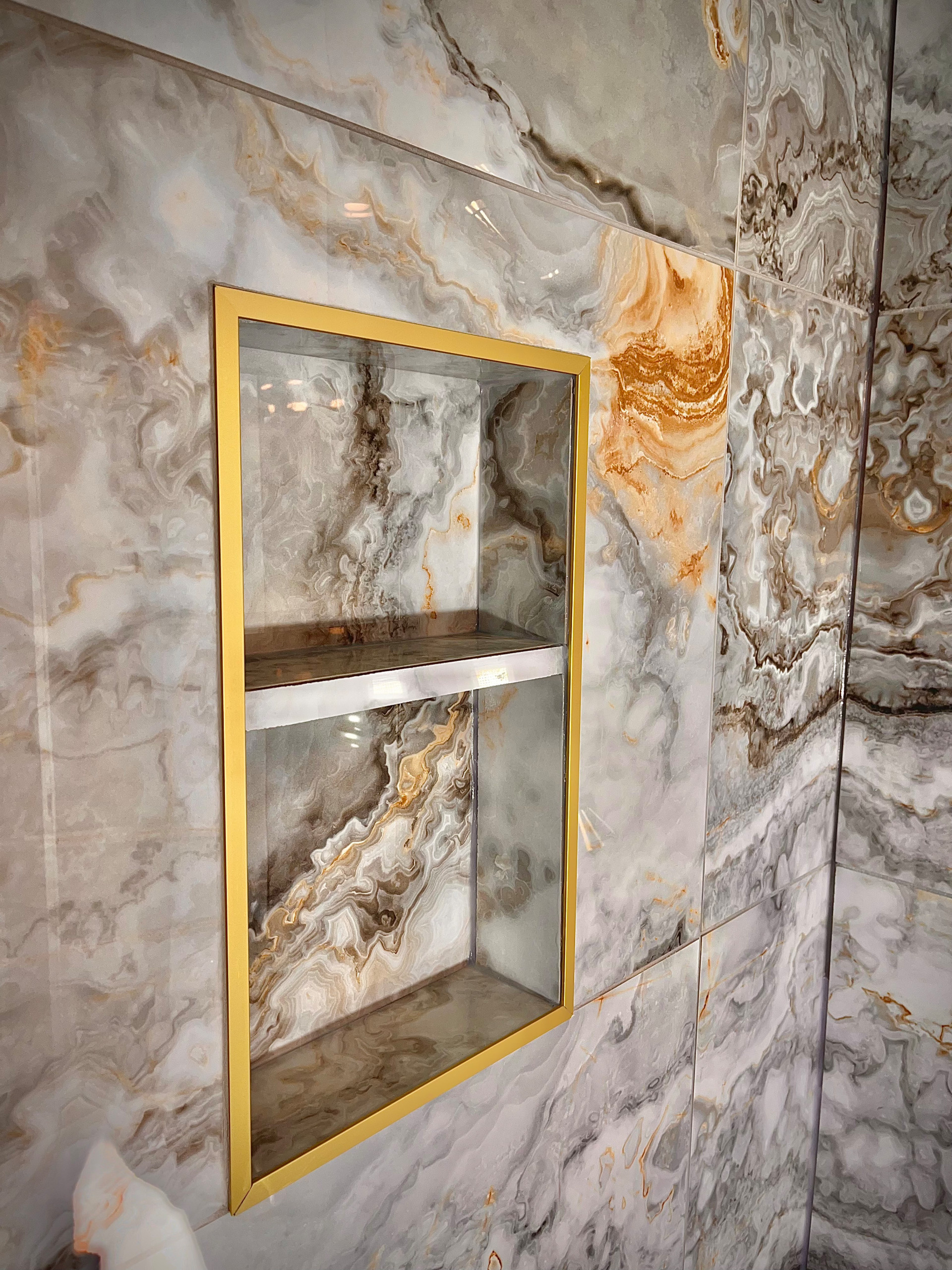 Shower reniovation: Gianni Griggio polished porcelain tile 24 x 48