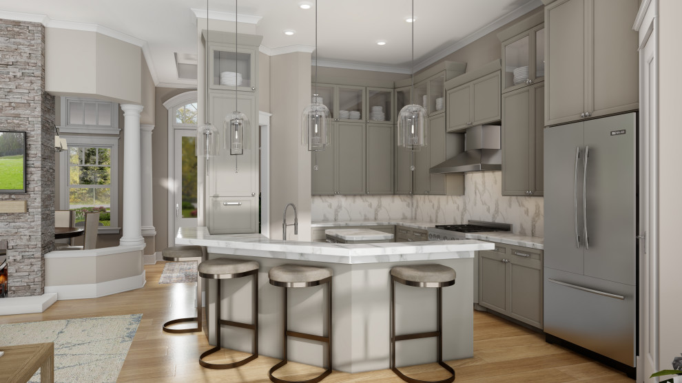 Mid-sized arts and crafts l-shaped open plan kitchen in New York with an integrated sink, beaded inset cabinets, beige cabinets, quartz benchtops, white splashback, engineered quartz splashback, stainless steel appliances, medium hardwood floors, with island and white benchtop.
