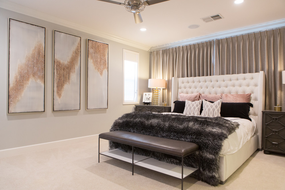Large contemporary master bedroom in San Diego with grey walls, carpet, beige floor, a standard fireplace and a wood fireplace surround.