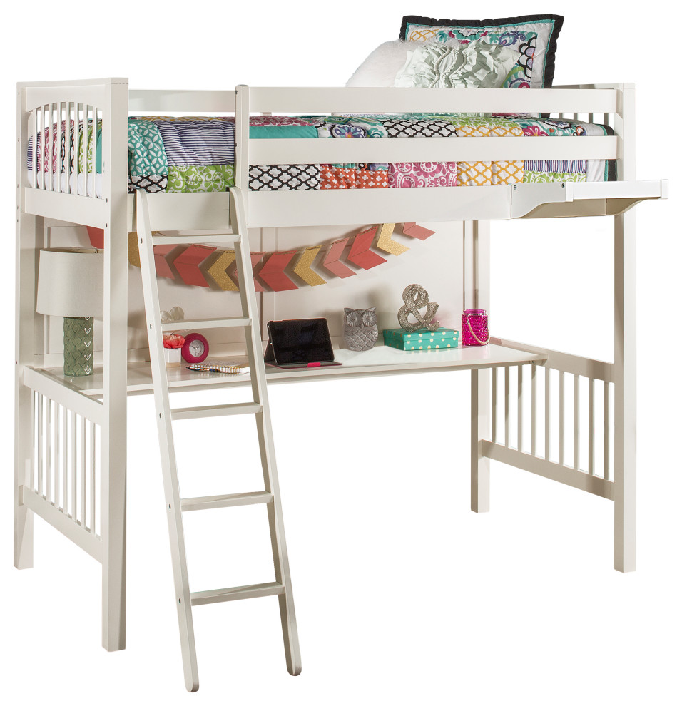 Hillsdale Pulse Wood Twin Loft Bed With Hanging Nightstand, White, Twin