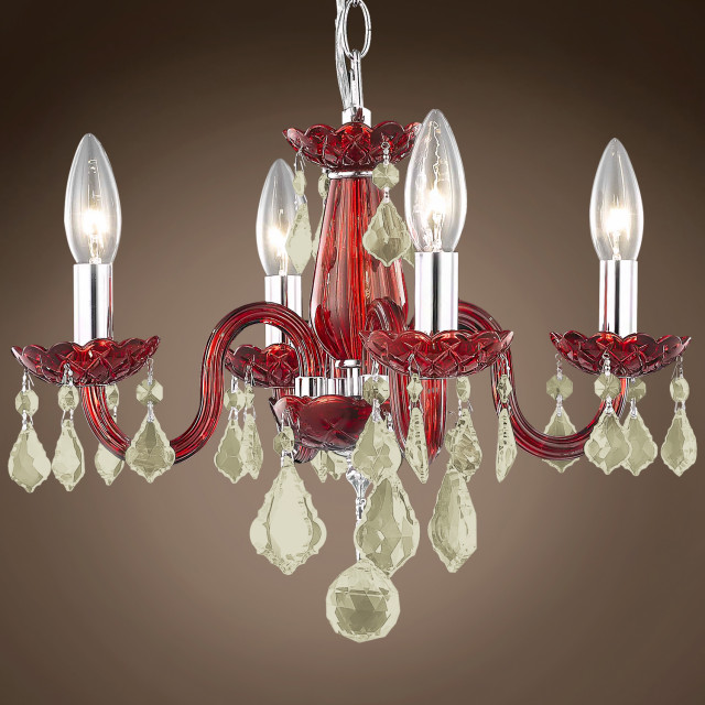 Victorian Design 4 Light 15" Red Chandelier With Golden Teak Crystals