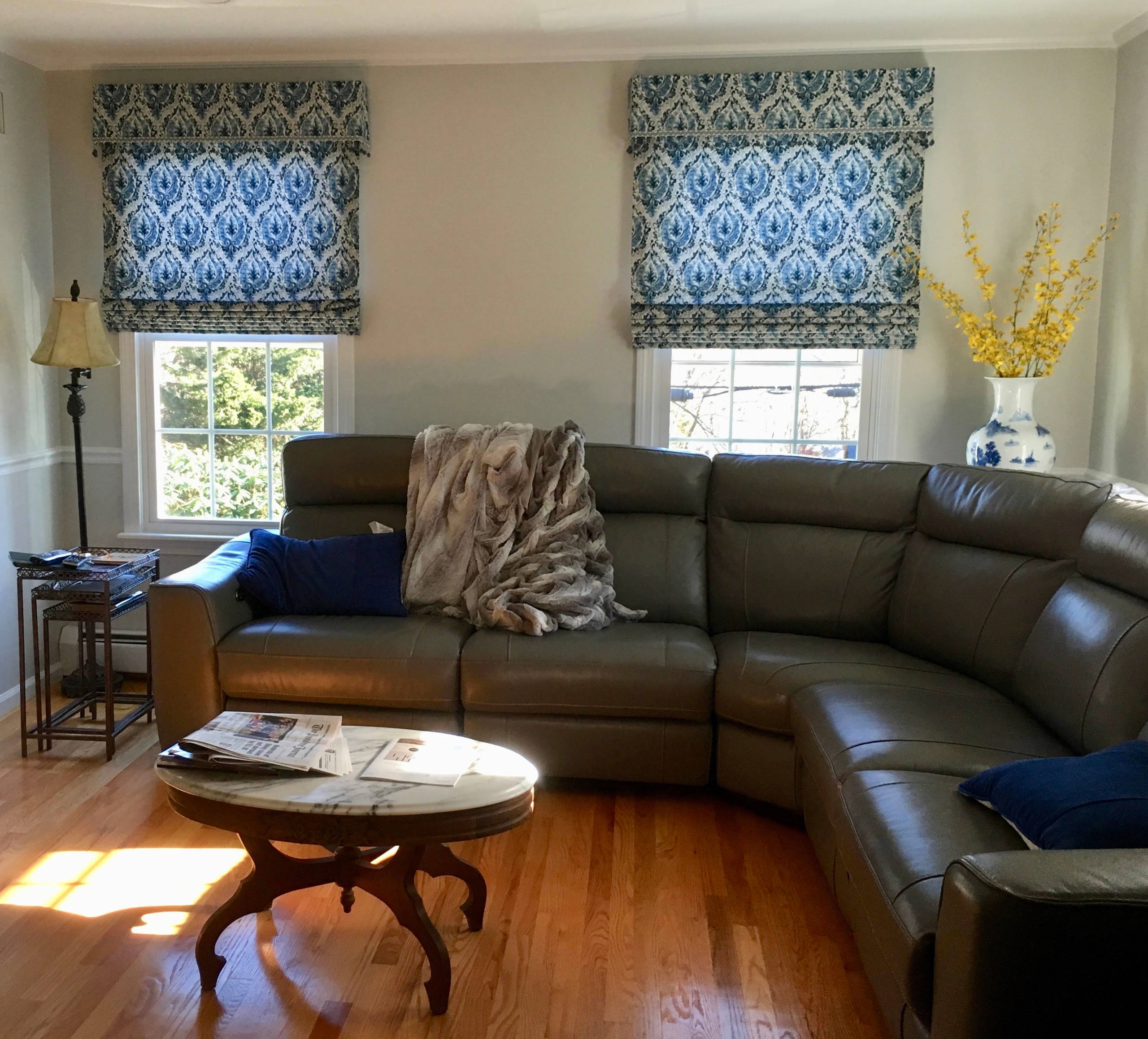 Blue Patterned Fabric Roman Shades