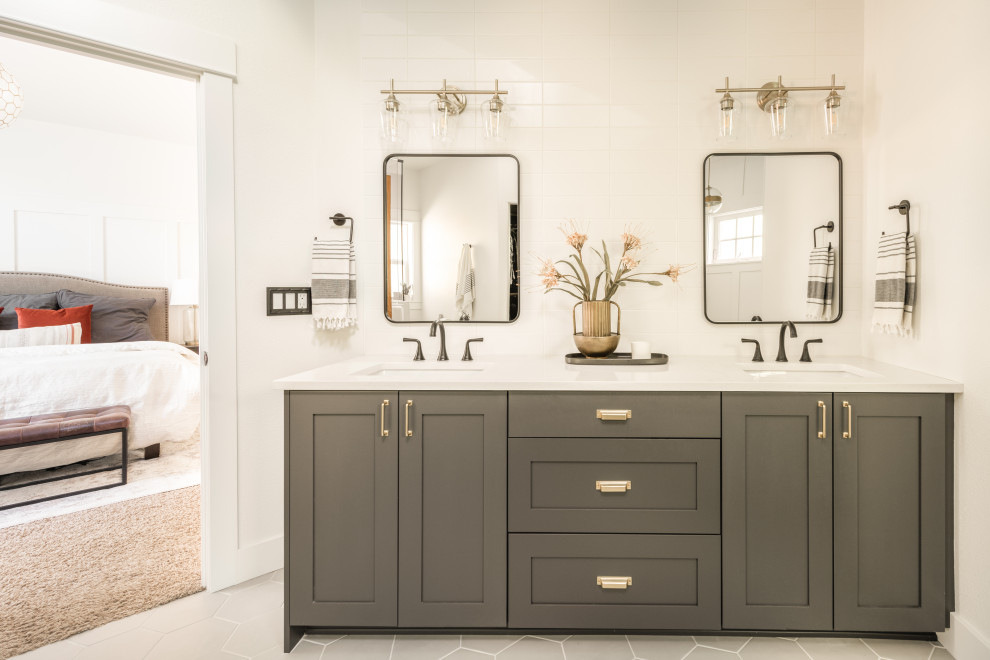 Retro bathroom in Other with shaker cabinets, black cabinets, a freestanding bath, white walls, ceramic flooring, beige floors, double sinks, a built in vanity unit and wainscoting.