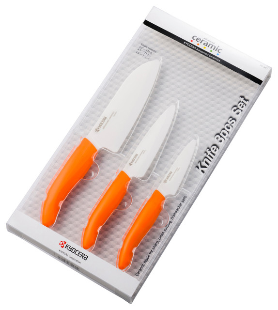 Kyocera Revolution Ceramic 3 Piece Chef's Knife Set with Orange Handles