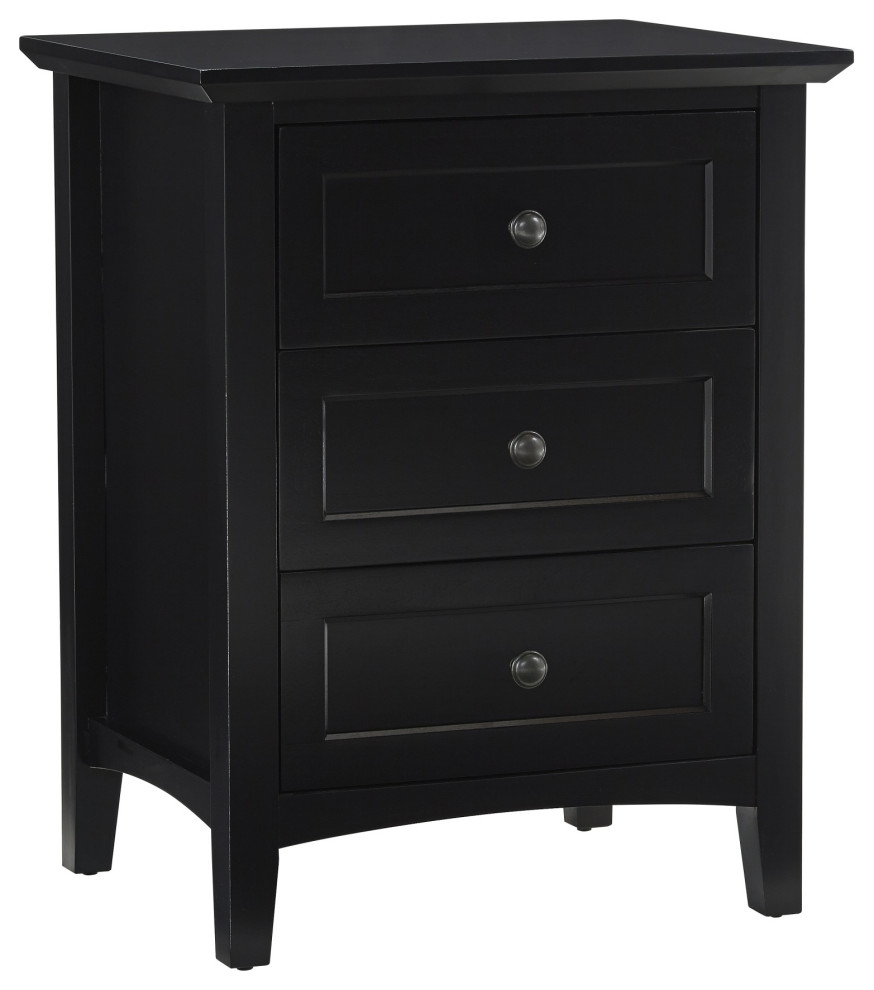 3 Drawer Wooden Nightstand With Tapered Legs And Arched Base, Black