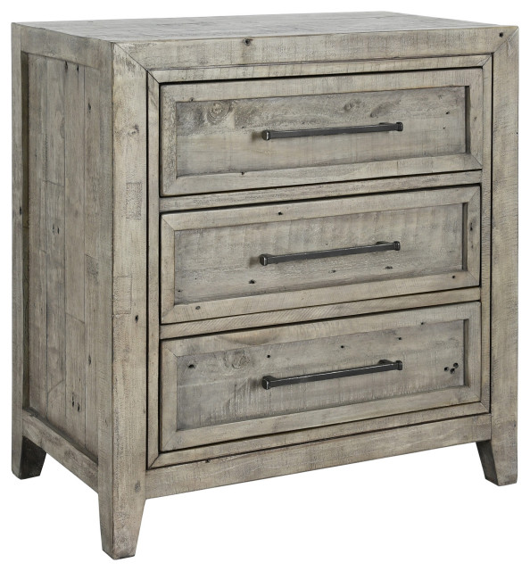 3 Drawer Wooden Nightstand with Rough Hewn Saw Texture Detail, Gray