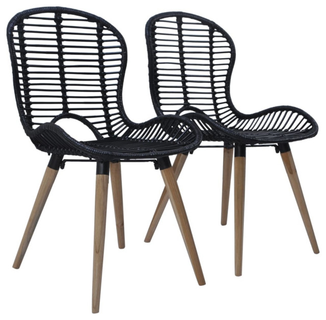 Vidaxl Dining Chairs, Set of 2, Black Natural Rattan Tropical